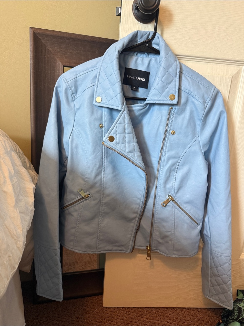 Fashion Nova Powder Blue Quilted Faux-Leather Moto Jacket